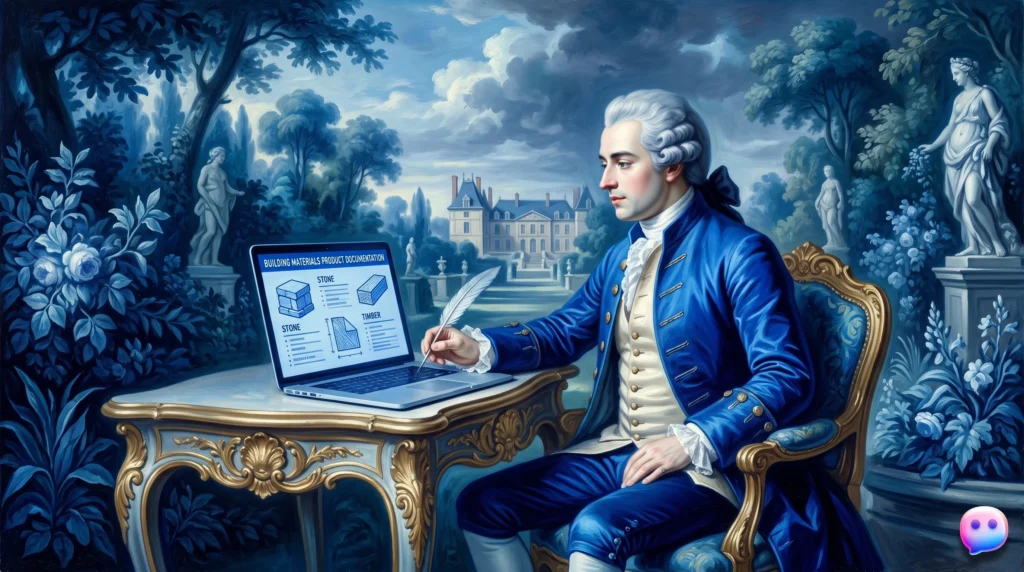 Sales rep reviewing building materials product documentation on laptop, manufacturing knowledge management